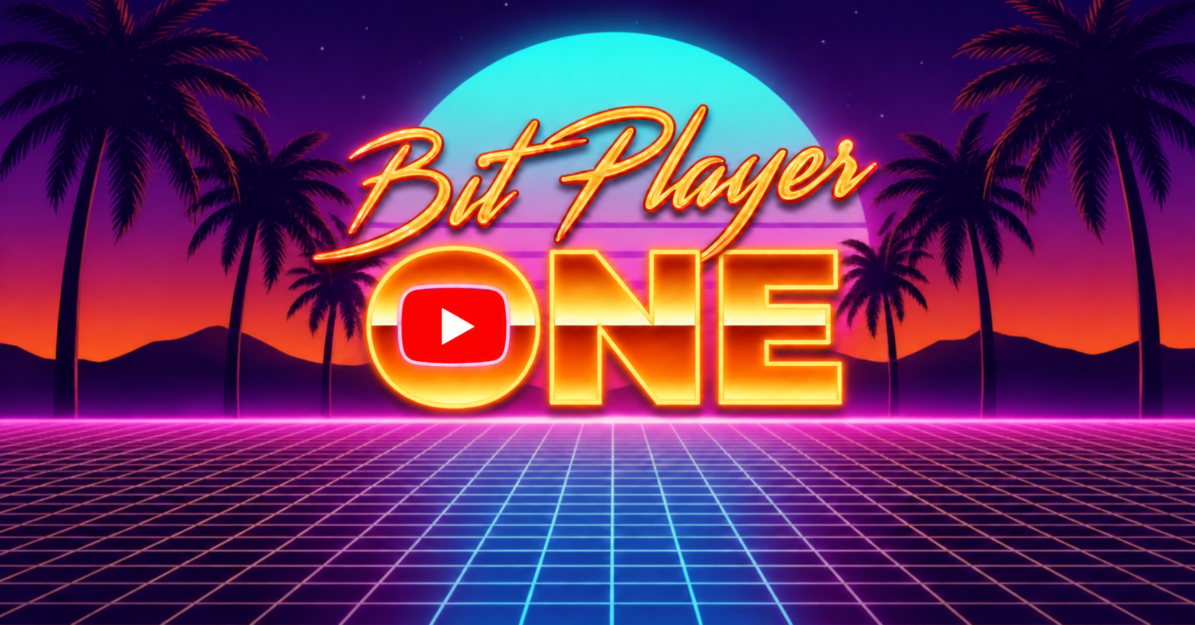 Bit Player One — neon orange lettering against a cyan sunset, purple sky, palm trees and a pink synthwave grid